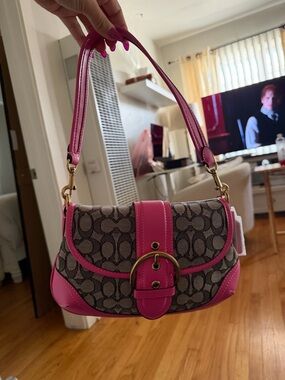 Coach SoHo Signature Buckle Flap Shoulder Bag (Pink Trim)